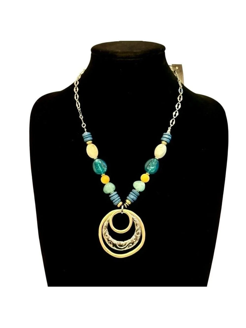 CHICO’s Coastal Two-Tone Medallion Blue Beaded Bib Necklace | NWT
